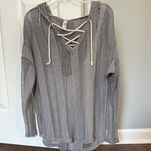 Gray Lace-Up Knit Sweater With Hood